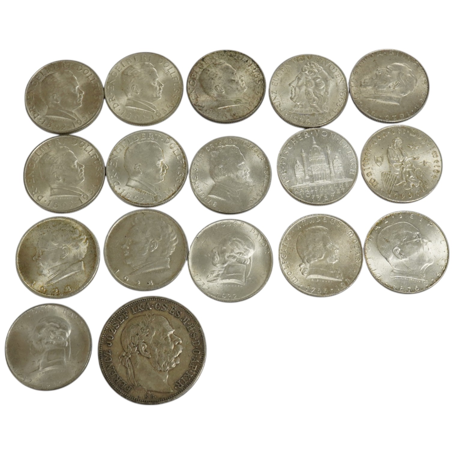 Austria, silver coins, fifteen 2 shillings, 1930s and other coins, including-, five - Death of Engelbert Dollfuss 2 Schillings, 1934, VF to about EF, two - 200th Anniversary of birth of Joseph Haydn 2 schillings, 1932, a